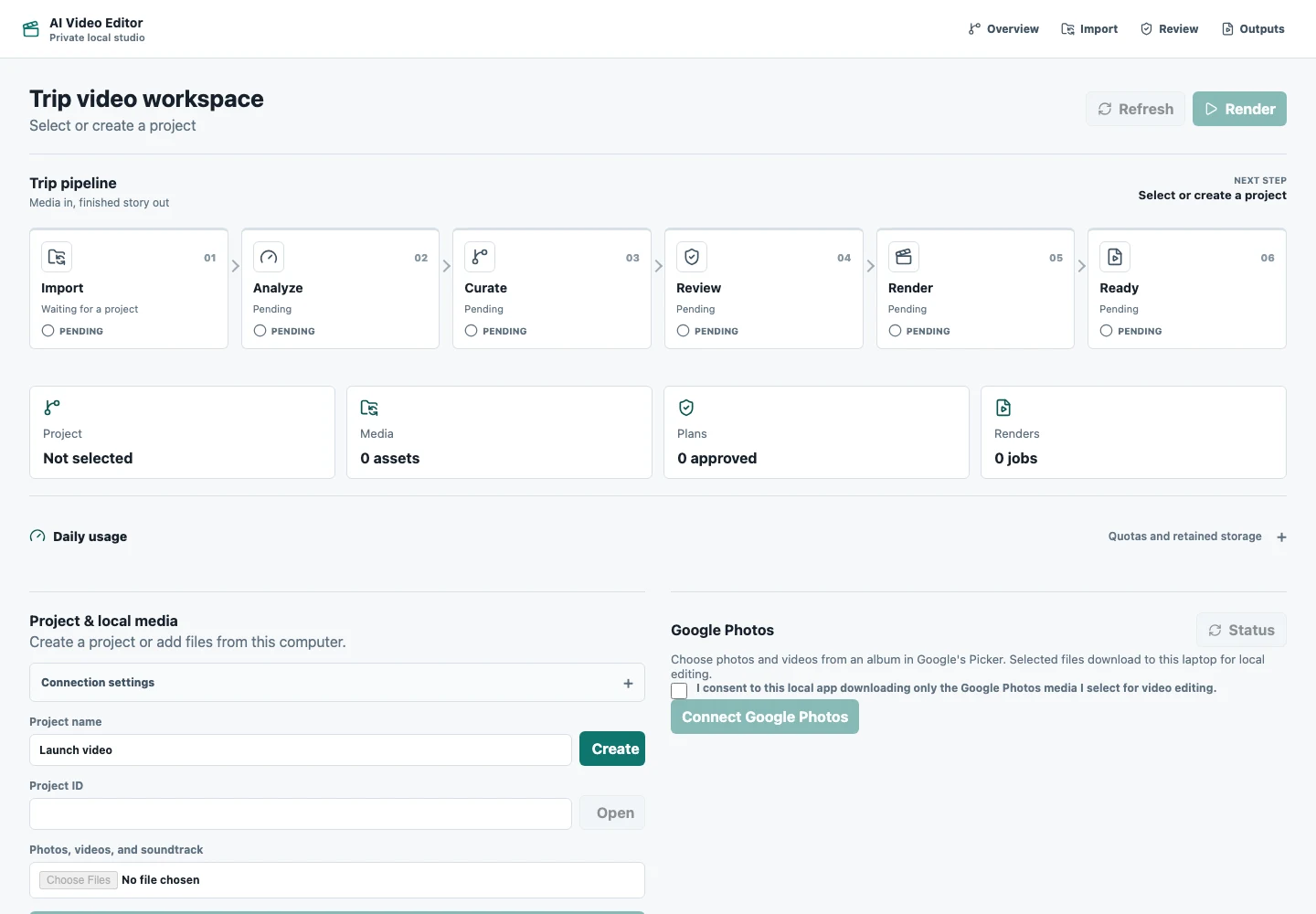 AI Video Editor workspace showing the six-stage trip pipeline before a project is selected.